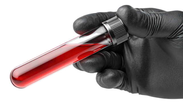 Hand in black glove holding test tube with red liquid isolated on transparent background