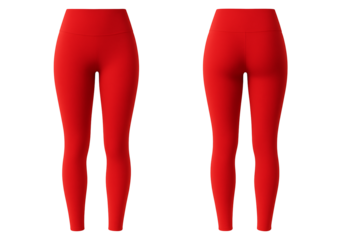Red women's high-waisted leggings front and back view isolated on transparent background