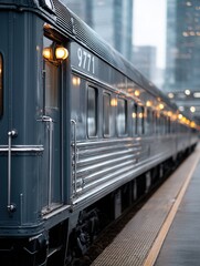 Fototapeta premium A gray train waits at a modern urban station during a rainy day. The scene captures the mood of travel and city life.