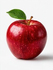 A vibrant red apple with a green leaf, showcasing its fresh and juicy appearance. Ideal for health and food-related themes.
