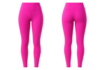 Pink women's high-waisted leggings front and back view isolated on transparent background