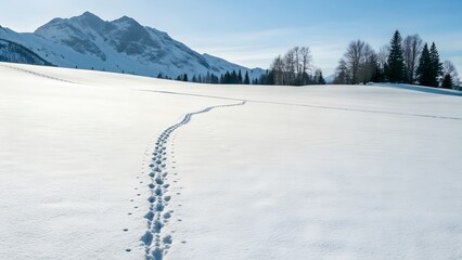 Obraz premium Footprints Trail Through Vast Snowy Field Leading To Distant Majestic Mountain Range Under Bright Blue Sky