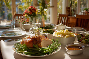 Succulent roasted turkey centerpiece with mashed potatoes and green beans, ready for a delightful family feast celebration
