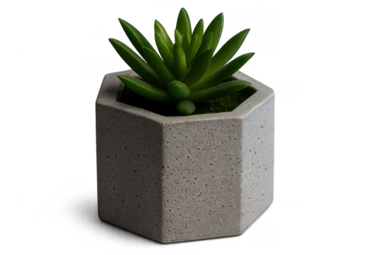 Green succulent plant in hexagonal concrete pot on transparent background