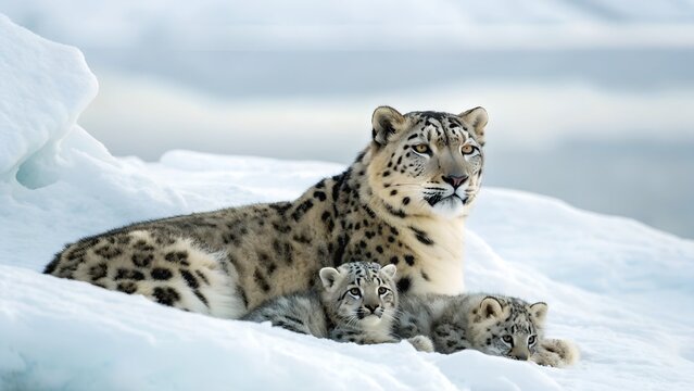 Mother Snow Leopard With Two Cubs Resting On Ice And Snow In Winter Landscape