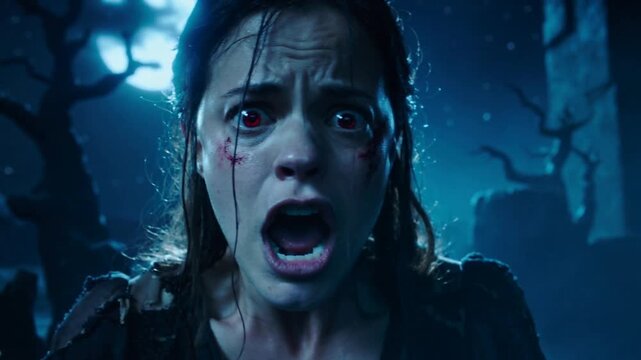 a screaming woman and extreme panic face at night horror scene