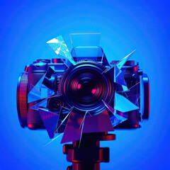 A digital camera among broken glass.