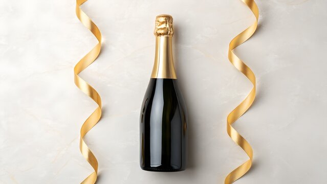 A Green Bottle Of Champagne With A Gold Foil Cap Adorned With Golden Ribbons On A Light Textured Surface