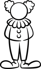 Clown cartoon line drawing, black and white vector illustration, circus character outline sketch, entertainment design template, funny costume graphic art