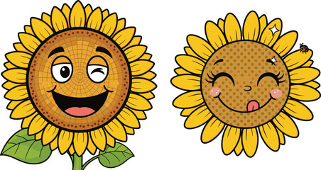 Cute smiling sunflower cartoon characters with happy faces and green leaves, cheerful summer illustration with adorable expressions and bright yellow petals