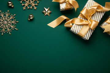 Merry Christmas and Happy Holidays greeting card, frame, banner. New Year. Golden Christmas...