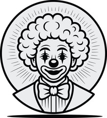Clown face illustration with afro hair and bow tie, black and white vector art, circus character design template, entertainment graphic icon