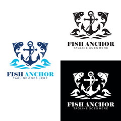 Fish Anchor Logo Design Vector | Nautical Marine Symbol with Waves and Fishes