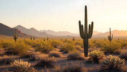 Desert Landscape with Cactus at Sunset, Arizona Wilderness.
