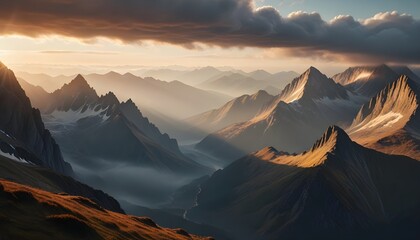 Majestic Mountain Landscape with Sunset Light and Misty Valleys.
.