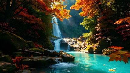 Autumn Forest Waterfall Landscape with Crystal Blue Water.