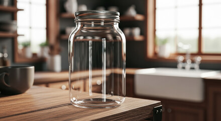 Empty glass jar with a metallic lid placed on a wooden kitchen countertop in a sunlit room.