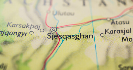 Closeup of Kazakhstan map highlighting Sjesqasghan town.