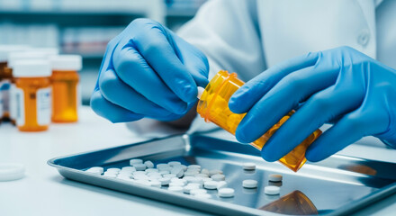 Gloved hands of a pharmacist carefully counting white pills for prescription medication, using an orange pill bottle over a stainless steel tray.