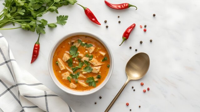 Gourmet Tripe Soup With Red Chili Peppers And Fresh Cilantro Garnished In A White Bowl With Brass Spoon And Kitchen Towel On A Marble Table