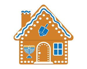 Hanukkah gingerbread house with menorah and dreidel
