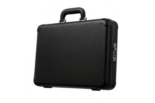 Black carbon fiber briefcase with combination lock, symbolizing luxury, security, and professional business travel