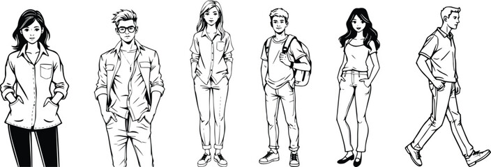 Sketch illustration of diverse people in casual and professional attire isolated on transparent background