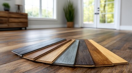 A collection of wooden flooring samples displayed in a bright, modern room with large windows and natural light, showcasing different colors and textures.
