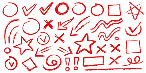 Collection of hand drawn red marks and symbols including checkmarks circles stars arrows and exclamations