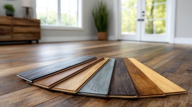 A collection of wooden flooring samples displayed in a bright, modern room with large windows and natural light, showcasing different colors and textures.