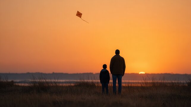 A father and son enjoy flying a kite together during a beautiful sunset by the beach, creating a joyful and serene atmosphere. - Powered by Adobe