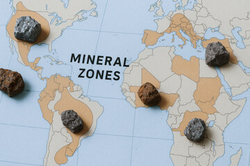 Mineral rock samples placed on printed world map highlighting rare earth mineral zones and global mining regions creating informative geology concept image