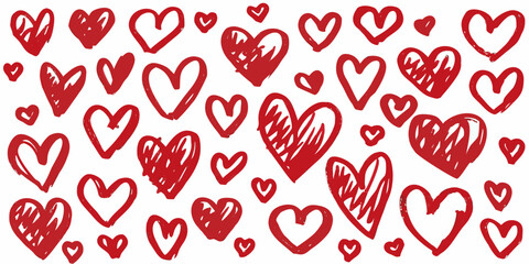 A vibrant pattern of hand drawn red hearts scattered across a clean white background