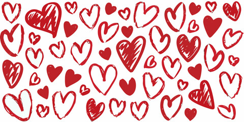 A collection of hand drawn red hearts scattered across a white background