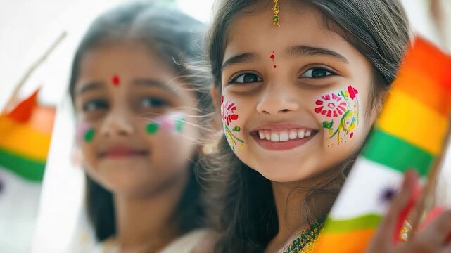 Children celebrating a cultural event or festival, possibly Diwali or Independence Day, with colorful face paint and waving Indian flags