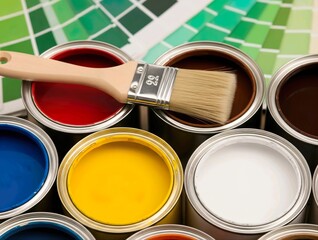 Open paint cans with brush and colorful gradient swatches background.