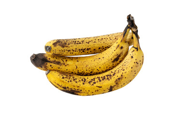 Bunch of yellow overripe bananas fruits with dark brown spots ana mold isolated on a white...