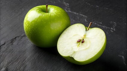 Vibrant Green Apple Whole and Halved on Dark Slate Surface with Water Droplets Natural Lighting