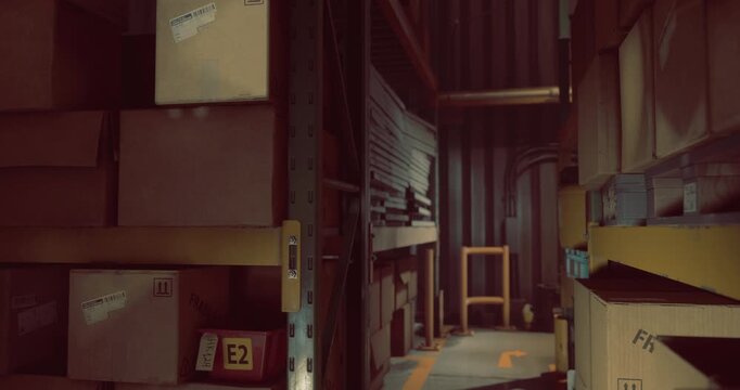 In a dimly lit warehouse, rows of shelves hold various boxes and materials. A wooden chair stands in the corner, adding to the industrial atmosphere of the storage area.