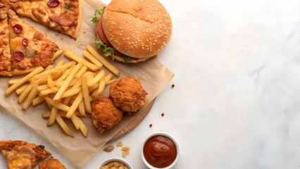 Assorted Fast Food Meal With Pizza Fries Burger And Chicken Nuggets Overhead Shot