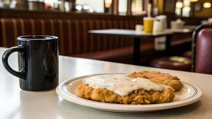Chicken Fried Steak With Creamy Gravy And Black Coffee In Retro Diner Setting
