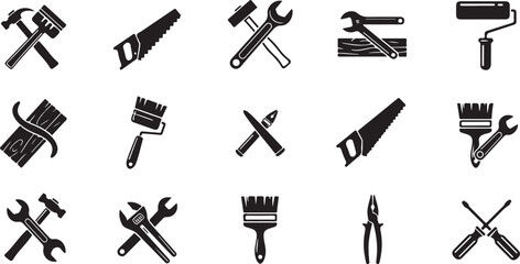Fototapeta premium Collection of black and white silhouette icons representing various hand tools for construction and renovation