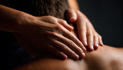 Close-Up Healing Massage: Woman Masseur Provides Relaxing Neck Massage For Male Patient In Dark Medical Office. Wellness And Rehab Services Offered. Ad Space Available.