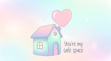 Charming Pastel House with Heart Balloon and Inspiring Quote.