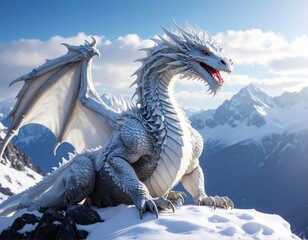 Mythical white dragon coiled around a snow mountain peak, divine aura, cinematic fant