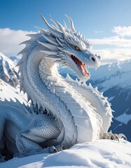 Mythical white dragon coiled around a snow mountain peak, divine aura, cinematic fant