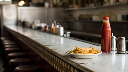 Diner Counter with French Fries and Ketchup Bottle in Warm Lighting