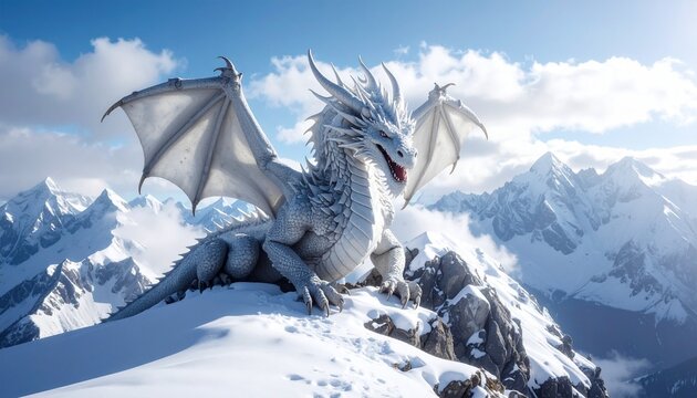Mythical white dragon coiled around a snow mountain peak, divine aura, cinematic fant