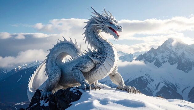 Mythical white dragon coiled around a snow mountain peak, divine aura, cinematic fant