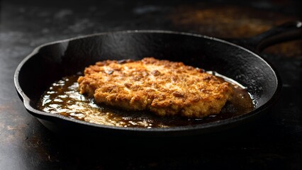 Golden Brown Breaded Cutlet Sizzling in Cast Iron Skillet with Rich Savory Sauce Dramatic Lighting Overhead Shot